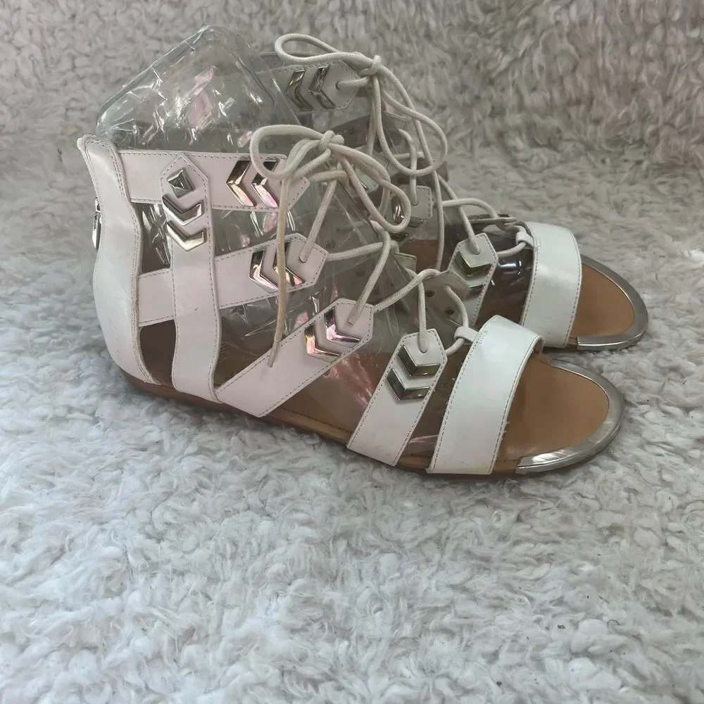 Fergie gladiator synthetic white lace up sandals with silver tone accents SZ 10